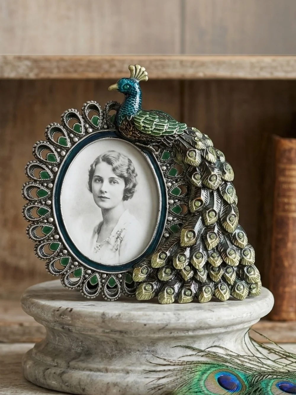 PIER 1 IMPORTS Jeweled Peacock Picture Frame Enamel Rhinestone Metal